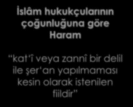 HARAM İslâm hukukçularının çoğunluğuna göre Haram kat î veya zannî bir delil ile şer an yapılmaması kesin olarak istenilen fiildir Hanefilere göre