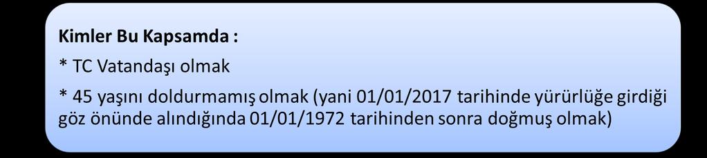 Kimler Bu Kapsamda Değil: * TC Vatandaşı olmayanlar * 45 yaşını doldurmuş olanlar * Bağ-Kur lular Katkı payı ne kadar?