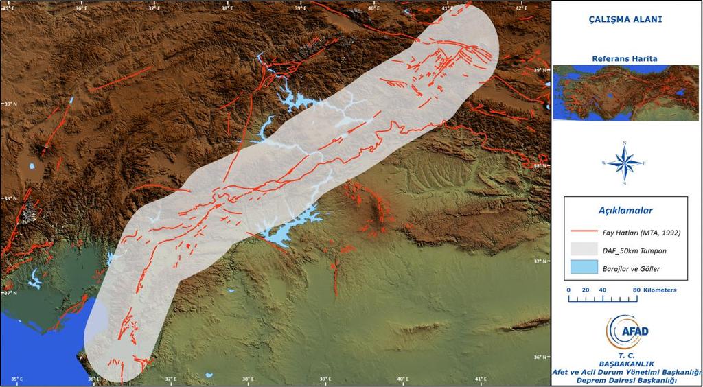 Bu yapı göz önünde bulundurulup, çalışma alanı, faya 50 km lik tampon oluşturacak şekilde belirlenmiştir (Şekil-11). Şekil-11. Çalışma alanı. Çalışma alanı içerisinde son 5 yılda (01.01.2007-31.12.