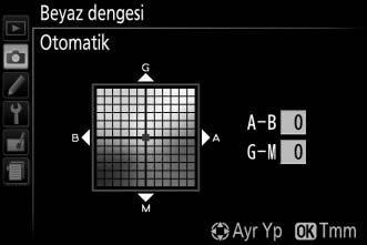 Menüleri görüntülemek için G düğmesine basın, ardından çekim menüsünde Beyaz dengesi seçeneğini vurgulayın ve 2 düğmesine basın.