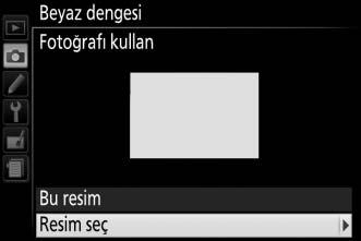 Beyaz Dengesini bir Fotoğraftan Kopyalama Bellek kartındaki bir fotoğraftan bir beyaz dengesi değerini kopyalamak için aşağıdaki adımları izleyin. 1 Önceden belirl. beyaz ayarı seçeneğini seçin.