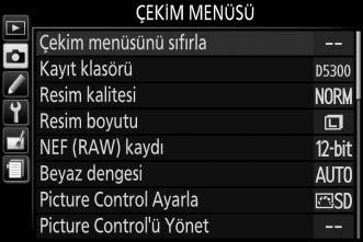 C Çekim Menüsü: Çekim Seçenekleri Çekim menüsünü görüntülemek için G düğmesine basın ve C (çekim menüsü) sekmesini seçin.