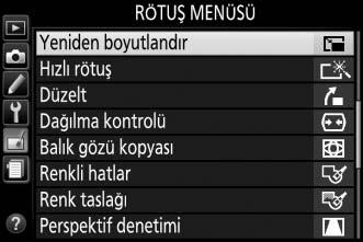 Yeniden boyutlandır G düğmesi N rötuş menüsü Seçilen bir veya daha fazla fotoğrafın küçük kopyalarını oluşturur. 1 Yeniden boyutlandır öğesini seçin.