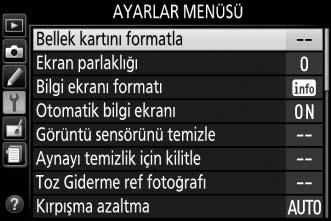 A Pil Düzeyi Pil düzeyi bilgi ekranında gösterilir (eğer pil düşükse, ayrıca vizörde de bir uyarı görüntülenecektir).