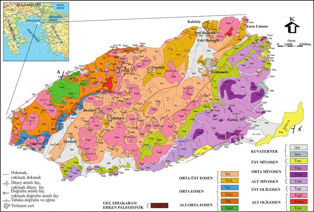 MTA Dergisi (2015) 150: 1-17 Şekil 1- Gökçeada nın jeoloji haritası (Akartuna ve Atan, 1978 den yararlanılarak yapılmıştır).