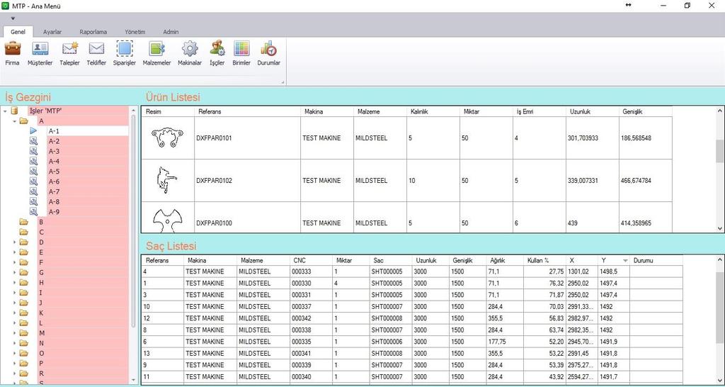 ANA MENÜ Lantek Programı ile entegre çalışan MTP, Lantek Programında yapılan nestingleri direk görüntüler ve Nestingler (Yerleşimler) üzerinden teklif hazırlamanızı sağlar.