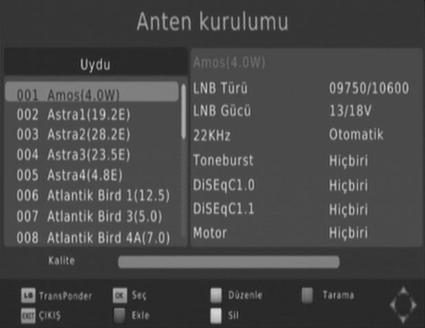 İlk menü ekranında menü dili ve ülke sorulacaktır: Sarı: Uyduyu, uydu listesinden sil Seçilen uyduyu aramak için mavi düğmeye bastığınızda, şu ekran menüsü görüntülenir: Kurulumu başlatmak için,