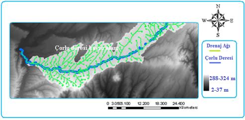 Candan)ve)ark.,))2015:)12)1)) Şekil8.ÇorluDeresiHavzaalanınınTINmodeliüzerindekidrenajağıharitası Figure8.DrainagenetworkmapofCorluwatershedinTINmodel 14 Şekil9.