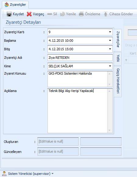 2.1.6.1. : MultiPass programına yeni bir ziyaretçi bilgilerini eklemek için kullanılır. Şekil 2.1.6.1 2.1.6.1.1. Ziyaretçi Kartı : Ziyaretçi için daha önceden tanımlanmış bir kart seçilir. 2.1.6.1.2. Başlama : Ziyaretin planlanan başlangıç tarih-saati tanımlanır.