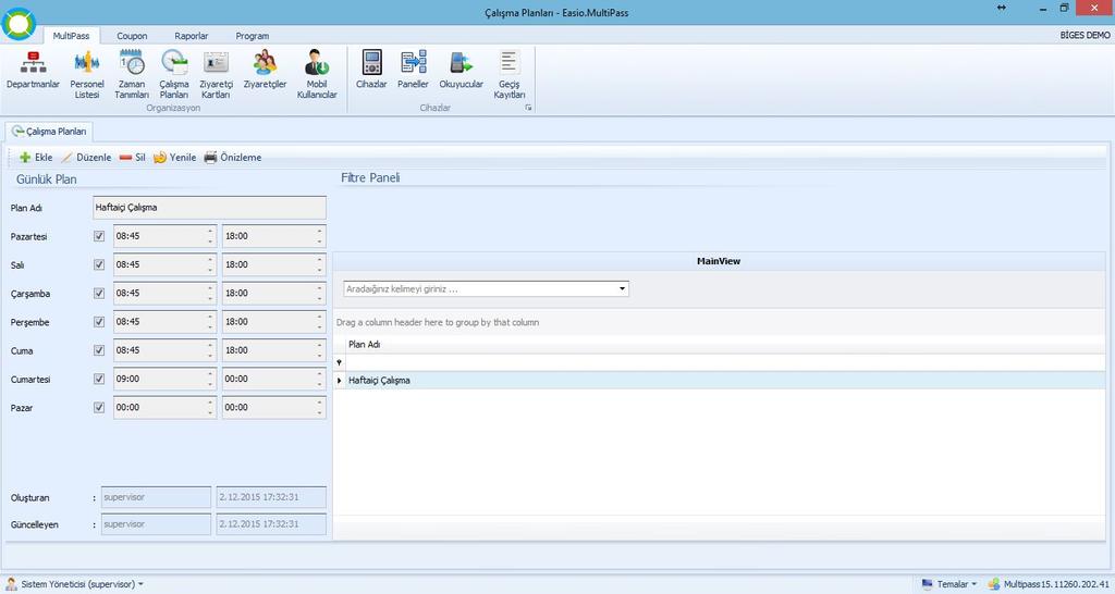 2.1.4. Çalışma Planları MultiPass programı ile personel takip işlemi yapabilmek için personelin haftalık çalışma planlarının yapılacağı bölümdür. Şekil 2.1.4 2.1.4.1. : MultiPass programına yeni bir çalışma planı eklemek için kullanılır.