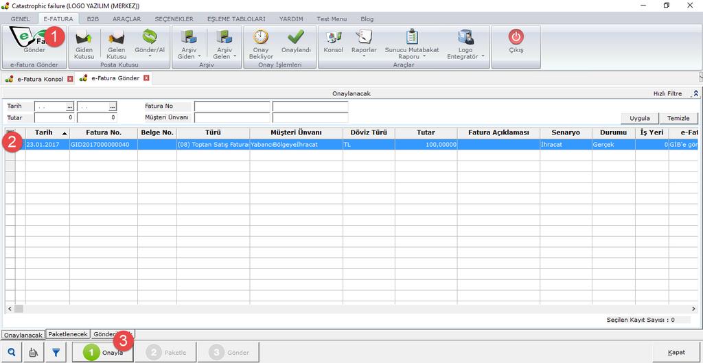 Şekil 11 e-fatura Gönder Ekranı 4.3. Gönderilen Yabancı Bölgeye İhracat e-faturaları: 1.
