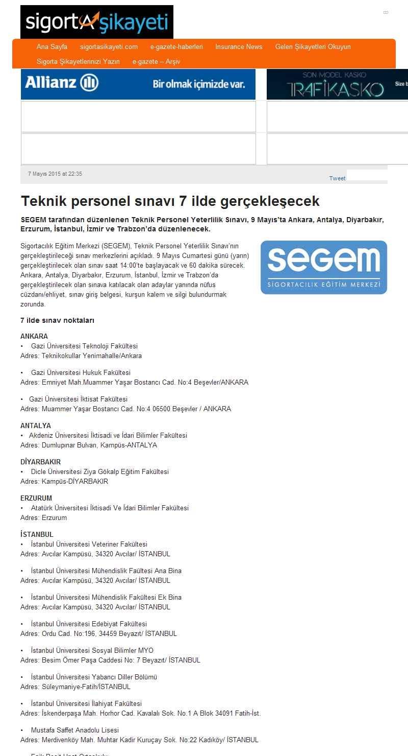 Portal Adres TEKNIK PERSONEL SINAVI 7 ILDE GERÇEKLESECEK : www.sigortasikayeti.com.