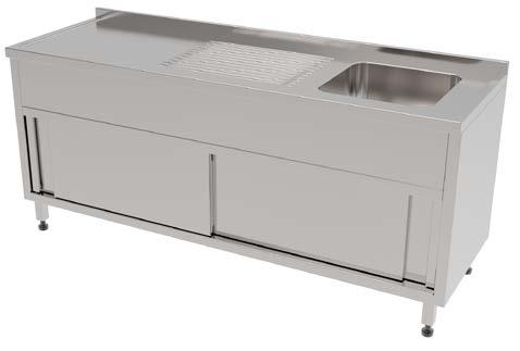 TEK EVYELİ DOLAPLI ÇALIŞMA TEZGAHI - DAMLALIKLI 1/2 SINK WITH CABINET AND DRAINING AREA 1/2 Malzeme 304 kalite 18/8 CrNi paslanmaz çelik sac Sürgü veya çarpma kapı Sağda veya solda 1 adet evye