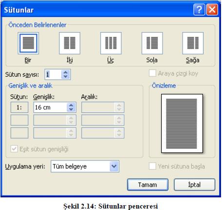 2.3.1. Sütunlar Bir metni iki veya daha fazla sütuna bölebiliriz. Bunun için Sayfa Düzeni sekmesindeki Sayfa Yapısı grubunda bulunan nesnesi seçilir.