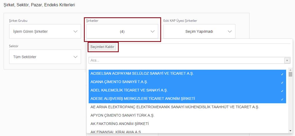 1. Şirket, Sektör, Pazar, Endeks Kriterleri Detaylı Sorgu ekranında Şirket, Sektör, Pazar, Endeks Kriterleri nde Şirket Grubu İşlem Gören Şirket olarak seçili gelmektedir.