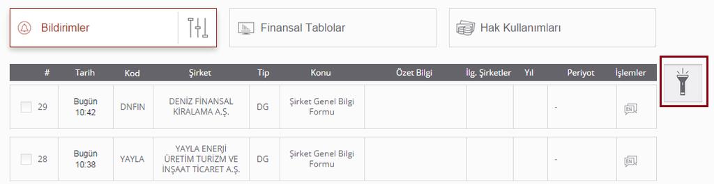 İlgili sorgu sonucunda gelen bildirimlere ait yıl, periyot vb.