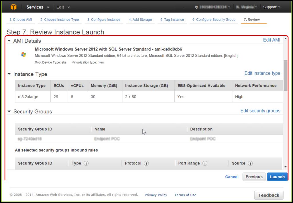 C AWS sunucusuna McAfee epo yükleme AWS sunucusunu oluşturma 13 Review and Launch a tıklayarak Step 7: Review Instance Launch sayfasını açın.