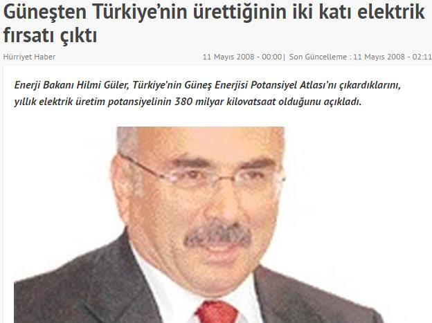 MEVZUAT SÜRECİ Mayıs 2008: Türkiye Güneş Enerjisi Potansiyeli Atlası dönemin Enerji Bakanı Hilmi Güler tarafından duyuruldu.