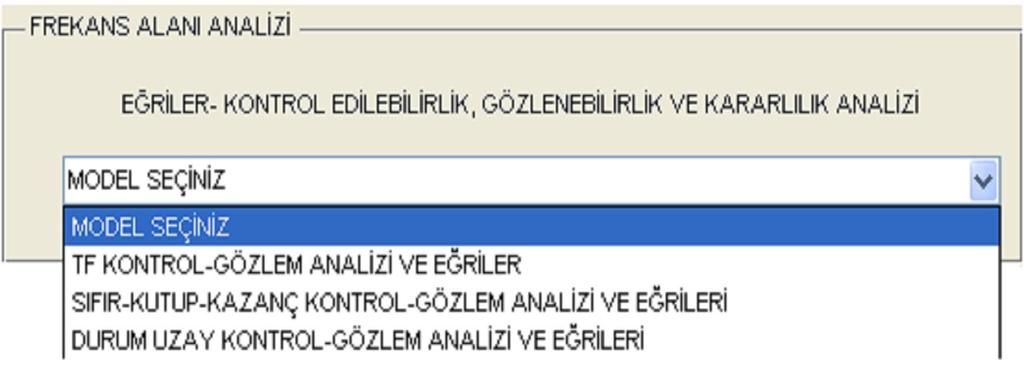 41 Şekil 4.24. Transfer fonksiyonu formunun dönüşüm modeli arayüzü 4.2.2. Frekans Alanı, Kontroledilebilirlik, Gözlenebilirlik ve Kararlılık Analizleri Şekil 4.