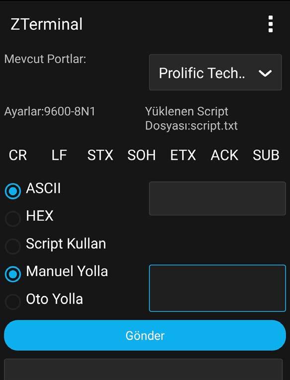 03 ZTerminal VERİ YOLLAMA - MANUEL yazılımı ile hexadecimal ya da ASCII formatlarında girilen komutlar kolaylıkla seri cihazlara iletilebilir.