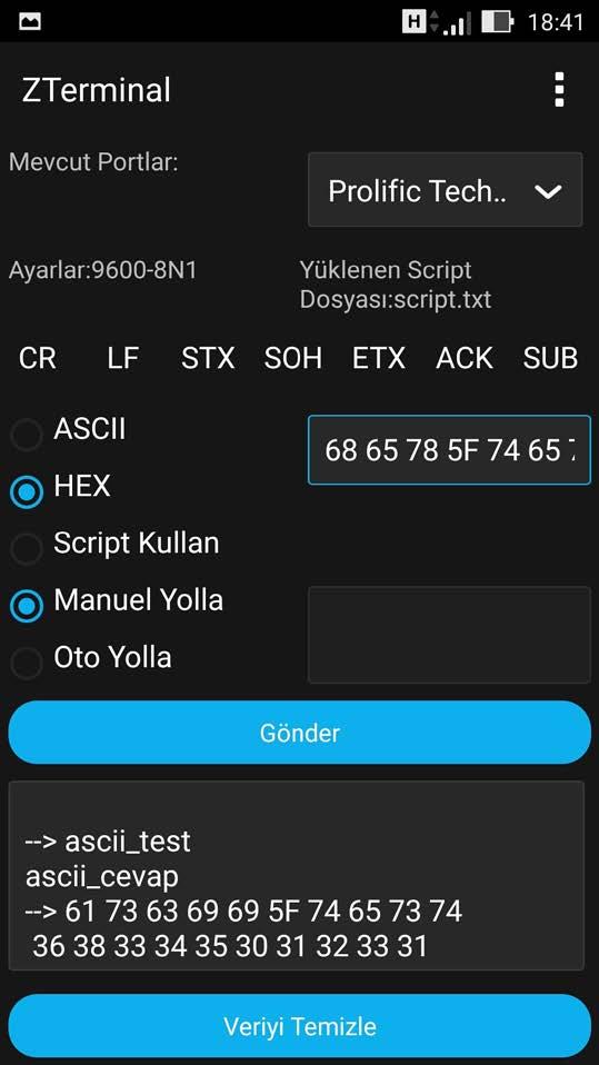 Komutları Hexadecimal olarak göndermek için ilgili kutucuğu işaretleyiniz ve istediğiniz hexadecimal karakter dizisini komut satırına yazınız ZTerminal aracılığıyla göndermek istediğiniz karakter