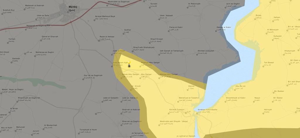 Menbec [Manbij] çevresinde son durum haritası ( Sarı: PYD, Siyah: IŞİD) Bununla beraber Türkiye, daha öncede açıkladığı gibi bu senaryoya engel olmada kararlı olduğunu ispatlamıştır.