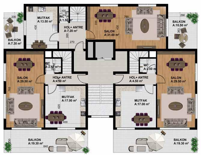 A BLOCK DUBLEX GROUND FLOOR PLAN - DUBLEKS ALT KAT PLANI 88 m 2 BRÜT ALAN -