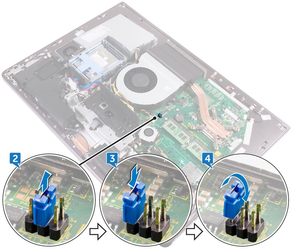 Ön koşullar 1 USB dongle girişi kapağını çıkarın. 2 Arka kapağı çıkarın. 3 Standı çıkarın. 4 Sistem kartı korumasını çıkarın. Yordam 1 Sistem kartındaki CMOS sıfırlama atlama telini bulun.