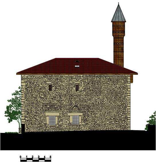 Zeminden saçak altına olan yükseklik batı köşesinde 867 cm iken doğu köşesinde 831 cm dir (Şekil 4). Şekil 4.