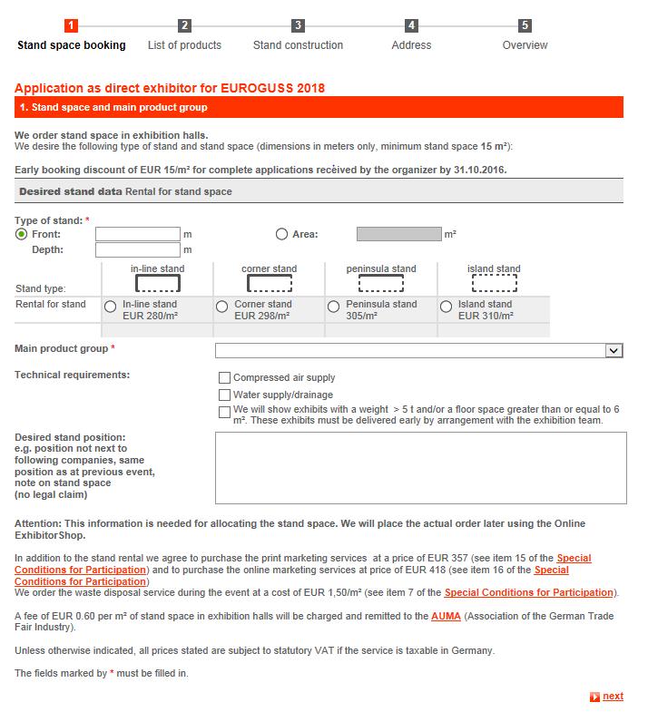 Stand space booking (stant alanı rezervasyonu) Bu bölümde katılımcı talep ettiği stant alanının boyutlarını girer (Type of stand).