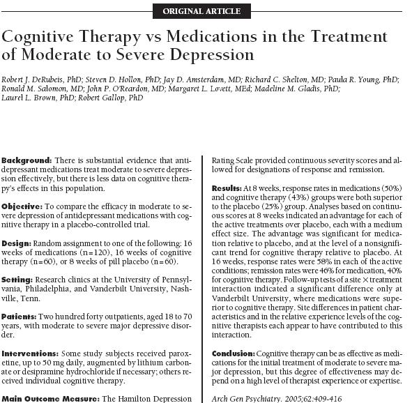Orta ve Şiddetli Depresyonda Bilişsel Terapi ve İlaç Tedavisinin Karşılaştırılması, Arch. Gen Psyc. Apr.2005, DeRubeis ve ark.