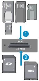 Bellek kartları ve yuvaları (devamı) -Veya- 1 Memory Stick Duo veya Pro Duo, Memory Stick Pro- HG Duo, veya Memory Stick Micro (adaptör gereklidir) 2 Secure Digital (SD), Secure Digital Mini, Secure
