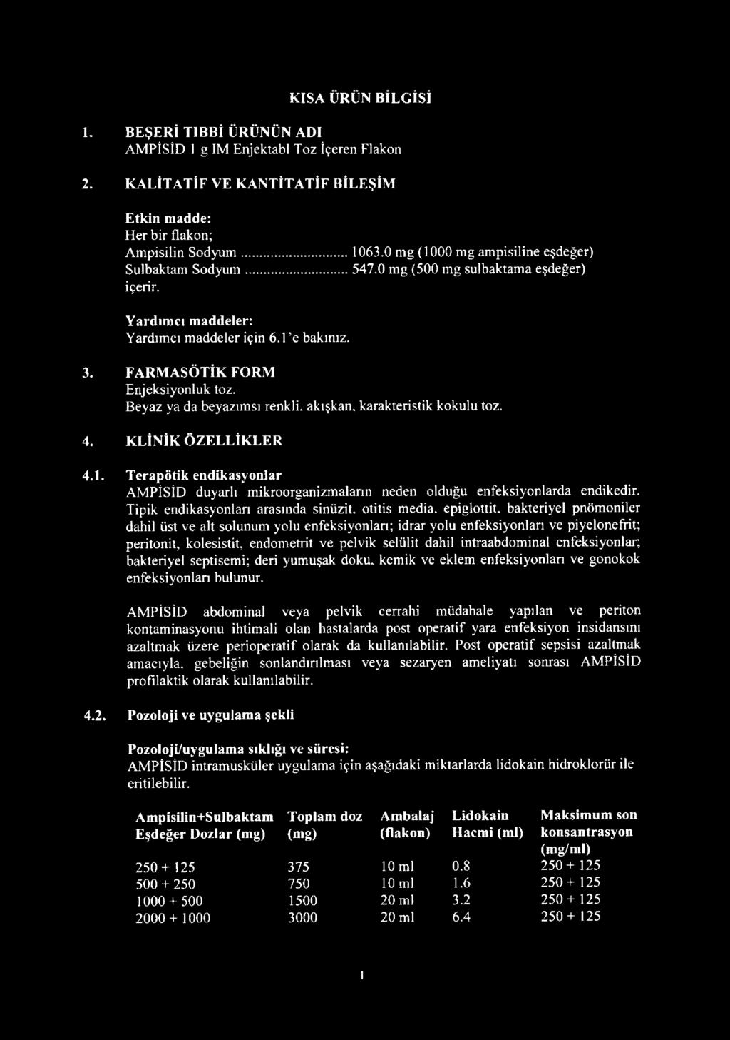 Beyaz ya da beyazımsı renkli, akışkan, karakteristik kokulu toz. 4. KLİNİK ÖZELLİKLER 4.1. Terapötik endikasyonlar AMPİSİD duyarlı mikroorganizmaların neden olduğu enfeksiyonlarda endikedir.