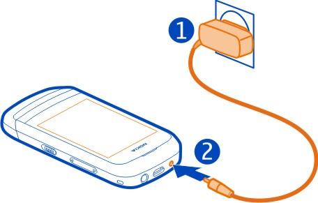 10 Cihazın işə salınması 1 Batareya yükləyəni divar elektrik oyuğuna qoşun. 2 Adapteri telefona qoşun.