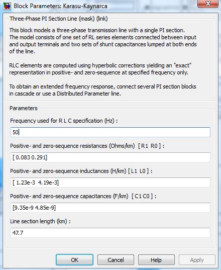 Şekil 6.5 : Simulink iletim hattı bloğu. Şekil 6.6 daki hat bloğu parametreler kısmına direnç, (5.12) ve (5.