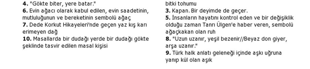 Kültür Eğitimi ve Bulmacalar 125 Cevaplar 1.Üzerlik 2.Ayızıt 3.Fak 4.Yağmur 5.Suyla 6.Dut 7.Kazılık 8.Ağaç 9.Kerem 10.Arap Kaynakça ALLEN, Frederick Lewis (1931).