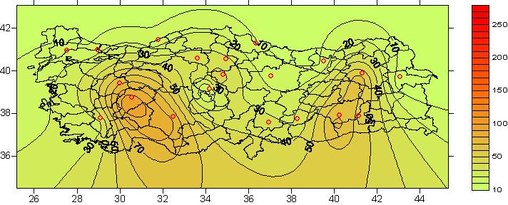Şekil 3-31 Türkiye genelinde kükürt dioksit (µg/m 3 ) konsantrasyonlarının mekansal