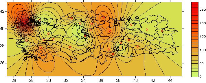 , 92 Şekil 3-37 Türkiye genelinde kükürt dioksit (µg/m 3 ) konsantrasyonlarının mekansal dağılımı - Ekim
