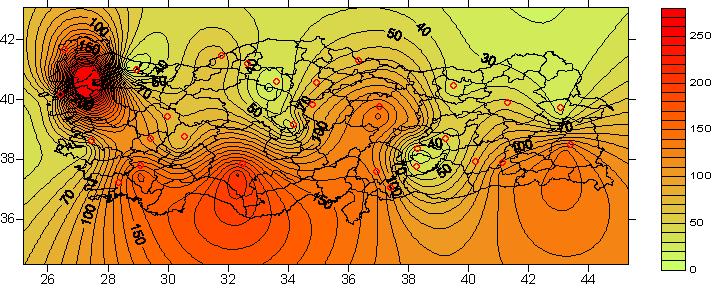 93 Şekil 3-39 Türkiye genelinde kükürt dioksit (µg/m 3 ) konsantrasyonlarının mekansal dağılımı - Aralık