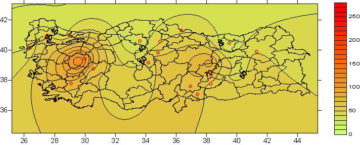 99 Şekil 3-50 Türkiye genelinde PM (µg/m 3 ) konsantrasyonlarının mekansal dağılımı - Mayıs