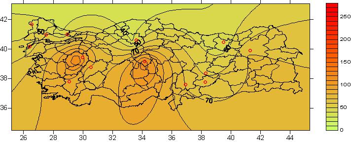 100 Şekil 3-52 Türkiye genelinde PM (µg/m 3 )