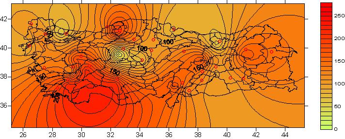 103 Şekil 3-58 Türkiye genelinde PM (µg/m 3 ) konsantrasyonlarının mekansal dağılımı - Ocak