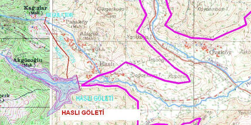 3 Haslı Gölet Yeri Haritası Daha geniş gölet rezervuarı oluşturabilmek için, Haslı göletinin Akgözoğlu mevkiine yapılması ve suyun bu alana boru ile alınması planlanmaktadır. 5.1.