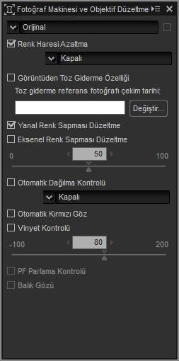 Fotoğraf Makinesi ve Objektif Düzeltmeleri Bu aracı seçmek görüntü ayar paletinde aşağıdaki kontrolleri görüntüler: Renk Haresi Azaltma (yalnızca RAW görüntüler): Renk haresini (düzenli desenlerin