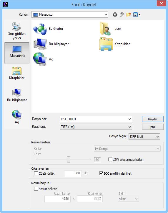 Dosya Formatı RAW (NEF/NRW) görüntüleri JPEG veya TIFF formatında kaydetmek için, araç çubuğundaki düğmesine tıklayın.