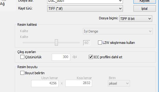 u Boyut belirtin: Yeni formatta kaydedilen resimleri yeniden boyutlandırmak için bu seçeneği seçin. Yeni boyut piksel, santimetre veya inç cinsinden girilebilir.