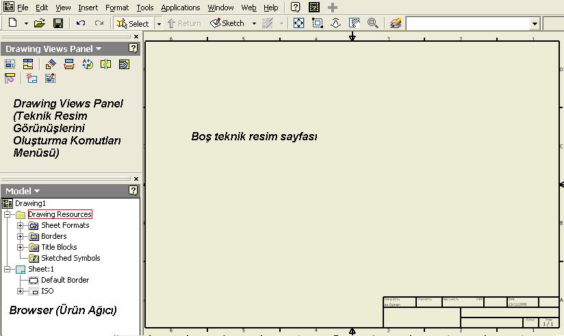 Şekil 2.1: New iletişim penceresi ve Standart.idw nin seçilmesi Yeni bir IDW dosyası açtığınızda karşınıza çizim sınırları ve antet blokunu içeren boş bir sayfa gelir. Şekil 2.