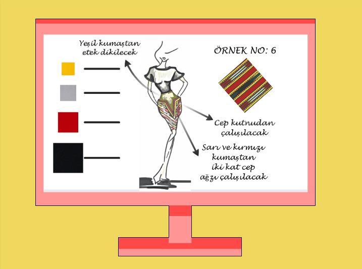 kapatmaktadır. Örnek No: 4 Giysi, yarı fantezi kalem etek olarak tasarlanmıştır. Eteğin ön ve arka ortası  Asimetrik olarak tasarlanan eteğin pembe kumaştan yapılması düşünülmüştür.