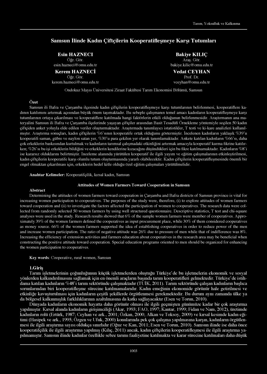 Tarım, Yoksulluk ve Kalkınma Samsun İlinde Kadın Çiftçilerin Kooperatifleşmeye Karşı Tutumları Esin H AZNECI Öğr. Gör. esin.hazneci@omu.edu.tr Kerem HAZNECİ Öğr. Gör. kerem.hazneci@omu.edu.tr Bakiye KILIÇ Araş.