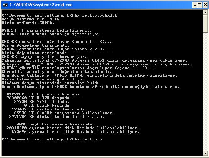 MS-DOS KOMUTLARI Chkdsk komutu; Bir sürücüde (diskte) hata olup olmadığını test etmek için kullanılır.